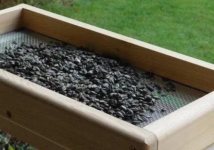 A wooden platform bird feeder filled with black oil sunflower seeds